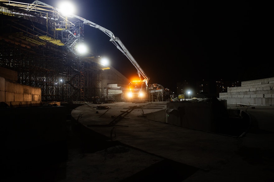 A concrete pump in the north plaza.