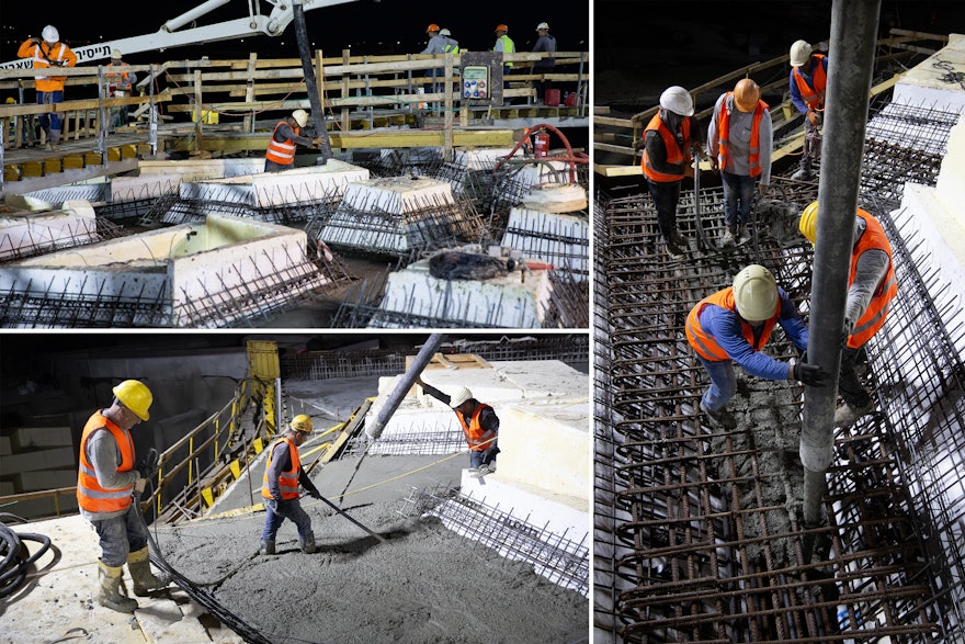 Grey concrete is pumped into the EPS formwork.