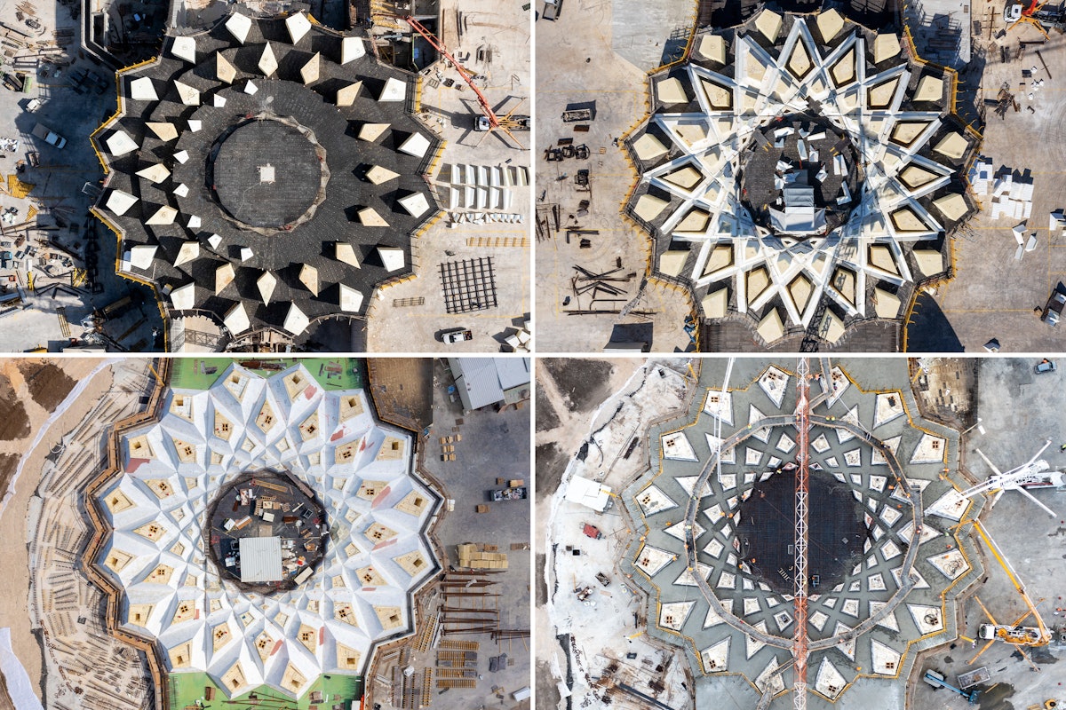 Серия изображений, показывающих различные этапы строительства шпалеры, начиная со строительства опалубки из пенополистирола и заканчивая заливкой бетона в формы.