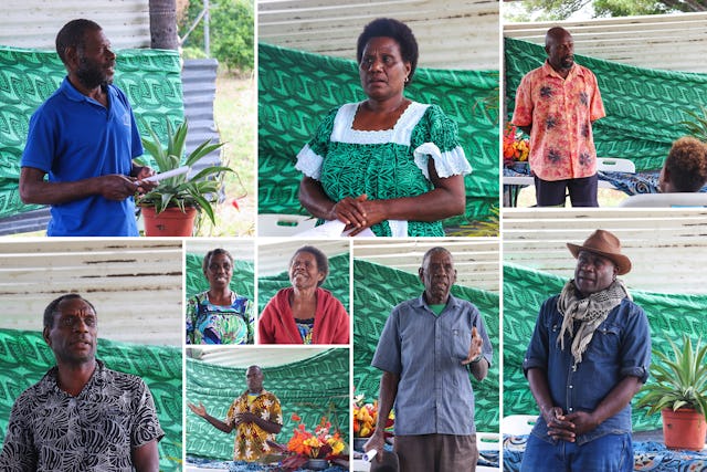 Attendees at the gathering include participants from diverse backgrounds and faith communities. Top, left to right, top: Chief Sam Lyn; Disline Iapum, Temple Director; Chief Yawus Nikiatu. Bottom, left to right: Bob Noakaur, Mackline Noklam, Nemon Nawia, Numanian Iokaulo, residents from communities; Chief Natuman Walalo.