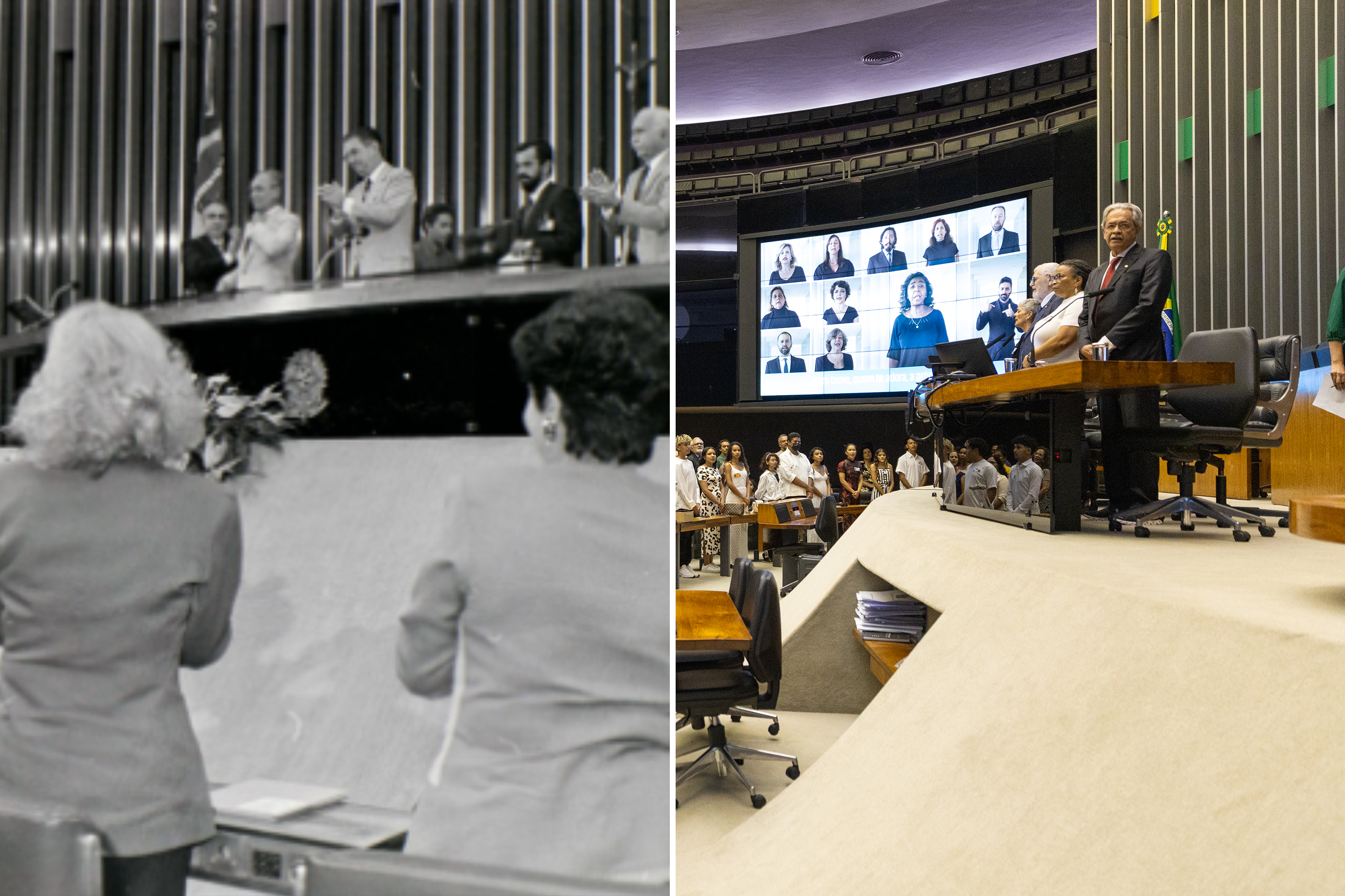 (Left) 1992 session of the Chamber of Deputies of Brazil commemorating the centenary of the passing of Bahá’u’lláh; (Right) 2023 session honoring the centenary of the Bahá’í Faith in Brazil.