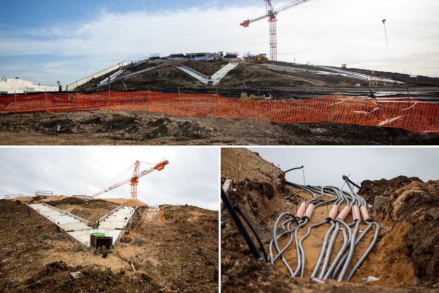 Meanwhile, work has continued to advance on other areas of the site. On the west berm, the irrigation pipes that will provide water for the landscaping have been laid and the final layer of soil will soon be placed at the top of the berm.