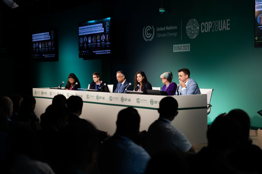 Gabriela Rawhani (3rd from right) of the BIC Geneva Office moderated the event titled “Food systems transformation: elevating healthy diets & protein diversification as climate solutions.”