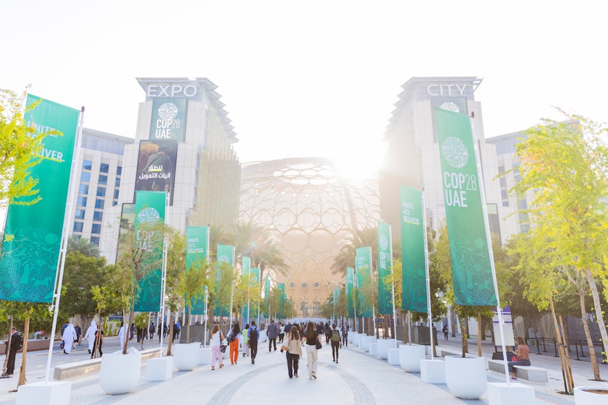 Vue d’Expo City à Dubaï, lieu d’accueil de la 28e Conférence des Nations unies sur le changement climatique, connue sous le nom de COP (Conférence des parties).