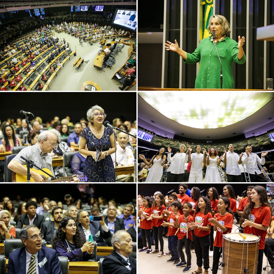 Au Brésil, la Chambre des députés du Congrès national du Brésil rappelle le siècle d’efforts de la communauté bahá’íe dans ce pays. La députée Érika Kokay (en haut à droite)  a parlé avec émotion du potentiel des enseignements bahá’ís pour inspirer une plus grande unité :      « Dans cet hémicycle, qui a souvent connu des moments d’antagonisme, nous pouvons aujourd’hui écouter la symphonie de la paix présentée par la communauté bahá’íe. Les enseignements bahá’ís nous rappellent chaque jour que l’humanité est une. C’est un hymne d’un grand courage et le contrepoint de toutes les peurs : la foi en l’autre, la foi en la possibilité que tous les peuples puissent vivre en harmonie. »