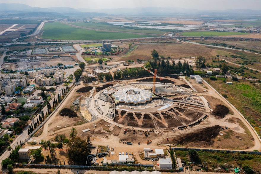 Aerial view of the Shrine of ‘Abdu’l-Bahá site, showcasing the latest developments in construction.