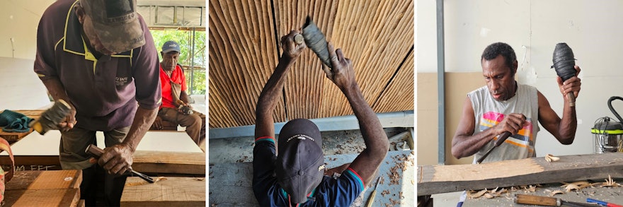 Des sculpteurs de la région du Sepik, en PNG, embellissent les panneaux de bois qui encadrent désormais les neuf portes de la nouvelle maison d’adoration du pays.