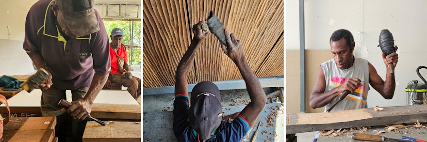 Резчики из региона Сепик в Папуа — Новой Гвинеи украшают деревянные панели, которые теперь обрамляют девять дверей строящегося Дома Поклонения в этой стране.