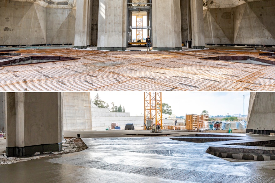 Following a layer of waterproofing, a new protective layer of concrete is applied to the central plaza floor.