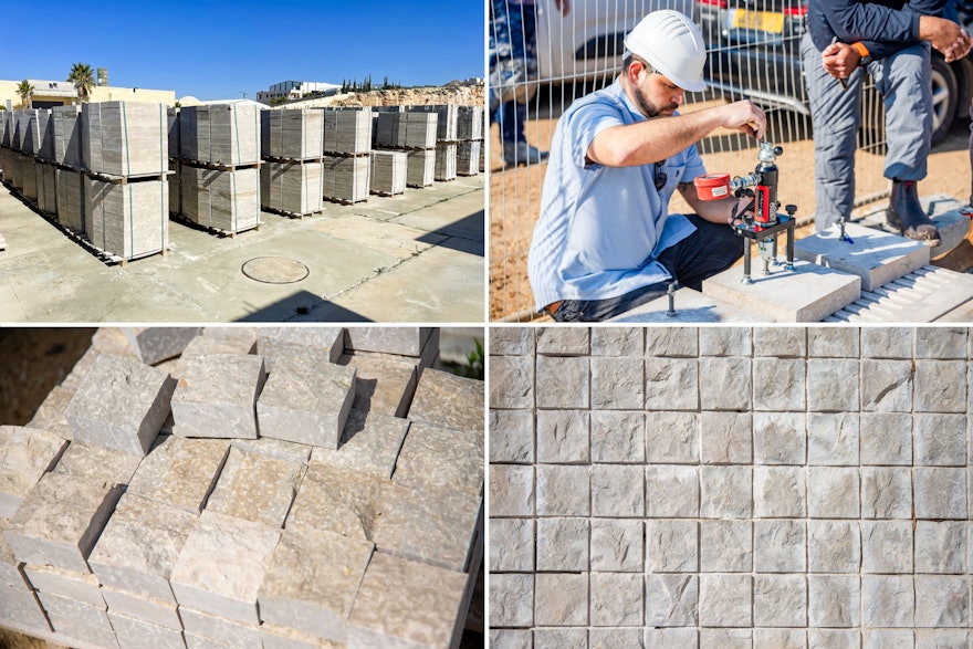 The local stone arrives on site, and tests are carried out by experts to certify the fastening system that will be used to hang them.