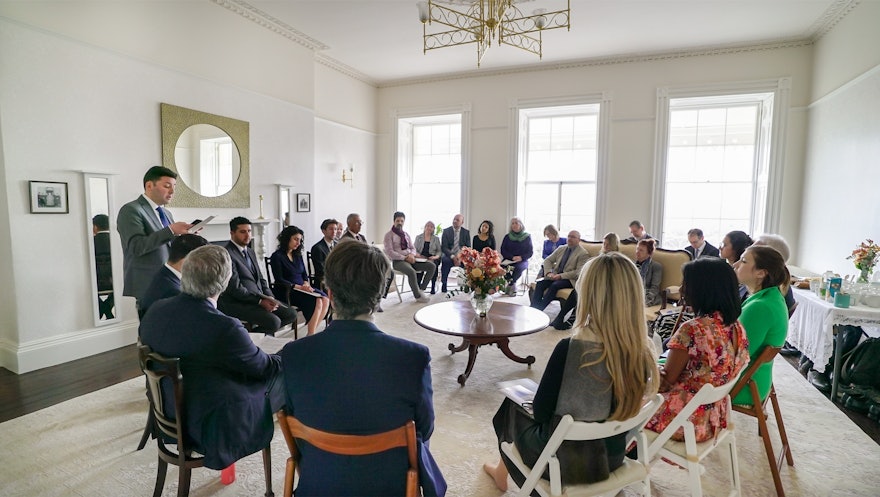 Varqá Khadem, a member of the Continental Board of Counsellors in Europe, speaking at the dedication event.