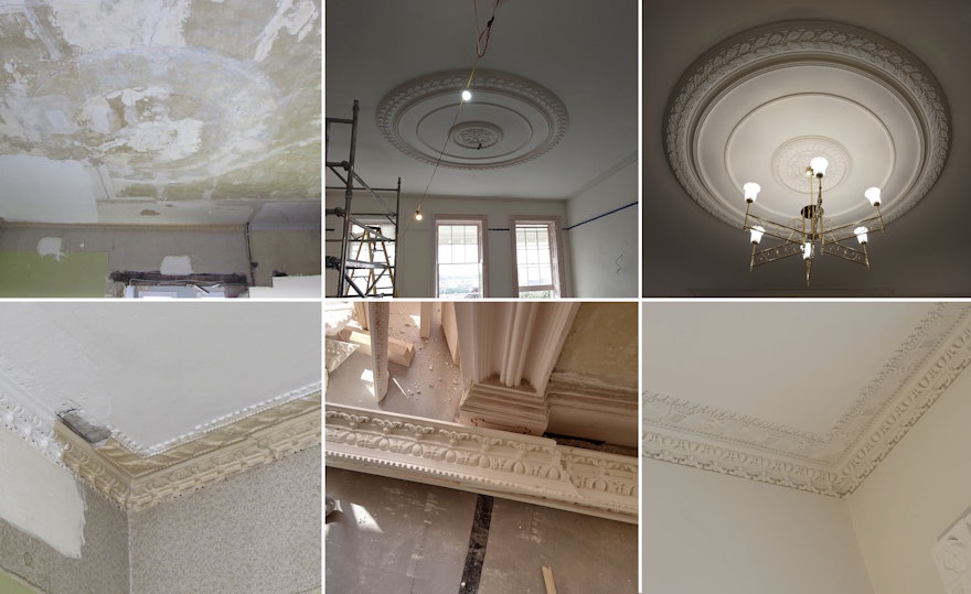 The specialist architectural team found remnants of original plaster cornices and evidence of ceiling roses, now fully restored or recreated.