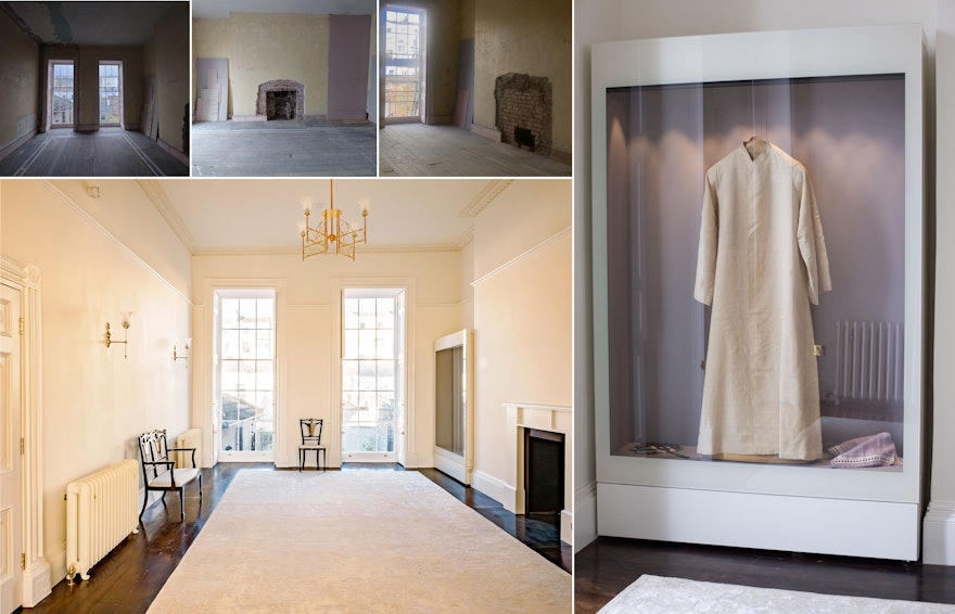 Left: Images of the restoration of the room where ‘Abdu’l-Bahá stayed. Right: A robe worn by Him will be on permanent display in an archival display cabinet.