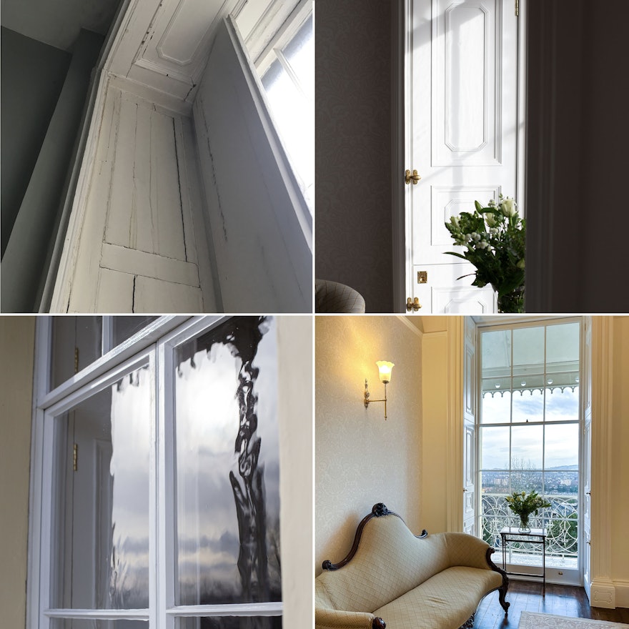 View of restored and reinstated windows, shutters, and doors.