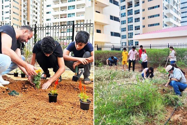 Residents working together in the community garden project.