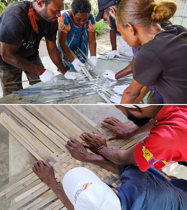Community members weaving 60 kilometers of aluminum strips that now adorn the interior walls and ceiling of the temple.