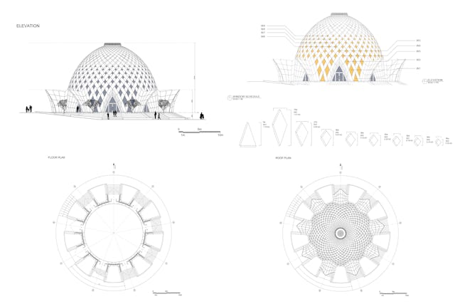 Architectural drawings showing the temple’s exterior.