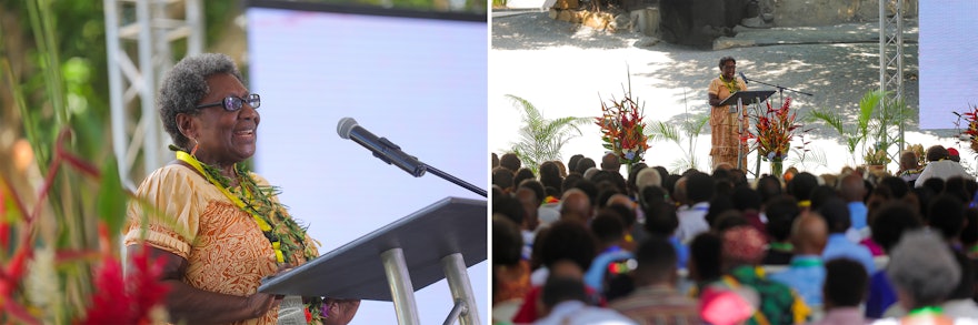 La signora Roh, rappresentante della Casa Universale di Giustizia presente alla cerimonia, ha letto il suo messaggio al pubblico.  Il messaggio conclude: “Rallegratevi tutti!  Questo è il momento in cui convergono fede, speranza e scopo comune.  Possano i canti di lode in questo luogo sacro sollevare il vostro spirito e benedire tutti coloro che si riuniscono al suo interno.