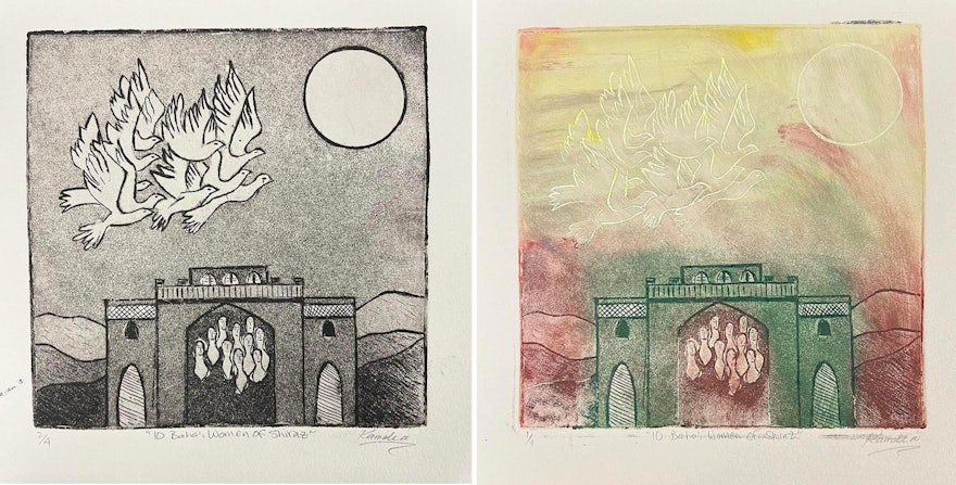 An artist from the United States created these intaglio etchings—a printmaking technique—in honor of the 10 Bahá’í women of Shiraz.