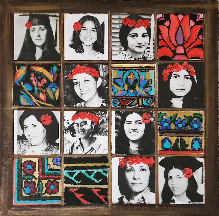A mixed media artwork combining collage and acrylic portraits of the 10 Bahá’í women.