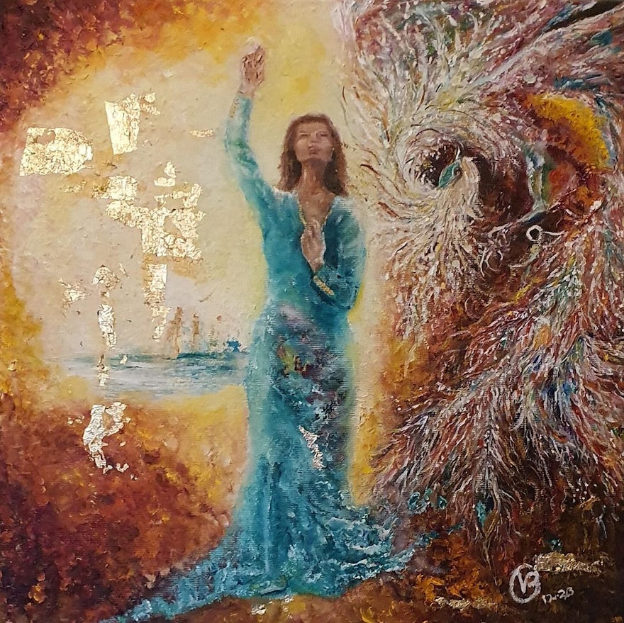 This painting from Antrim, United Kingdom, titled “Emancipation,” features ten gold buttons on the sleeve to symbolize the courage of the 10 Bahá’í women of Shiraz.