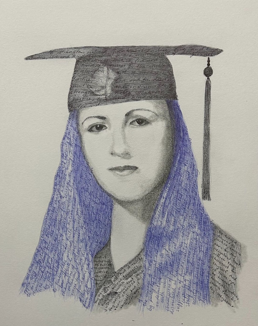 A drawing of Zarrin Moghimi-Abyaneh, one of the 10 Bahá’í women of Shiraz.