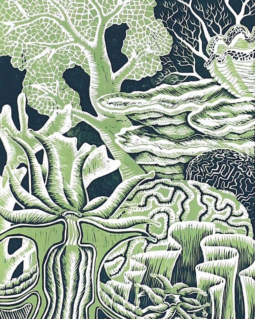 In this piece, a New Zealand artist highlights gender equality through the symbiotic relationship of coral polyps and algae, symbolizing the mutual trust and support essential for societal harmony.