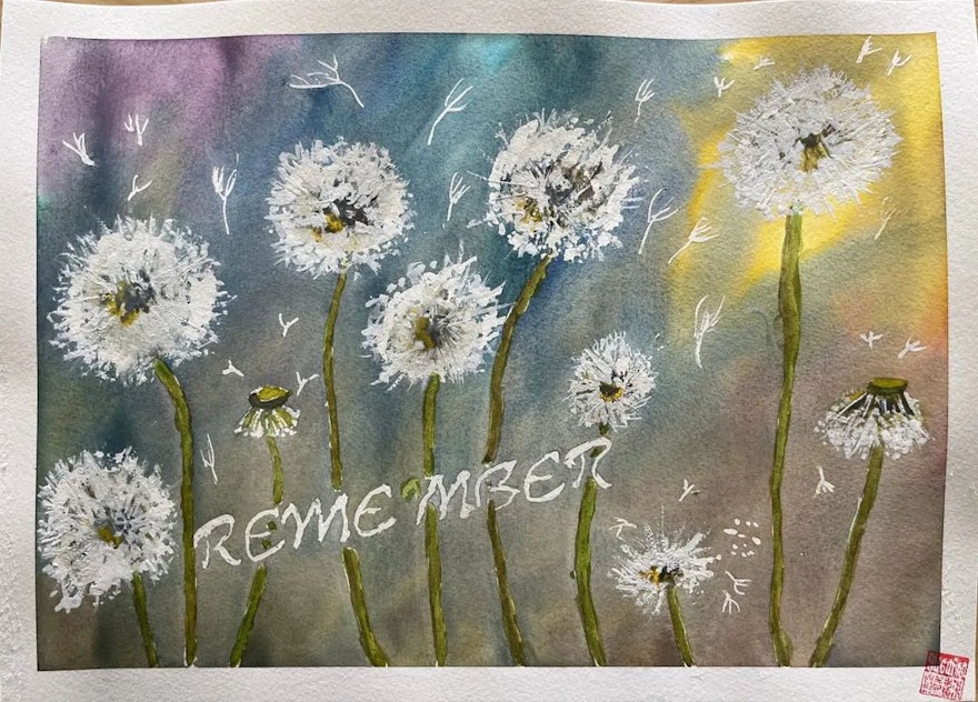 This watercolor painting of ten dandelions honors the sacrifices and courage of the ten Bahá’í women.