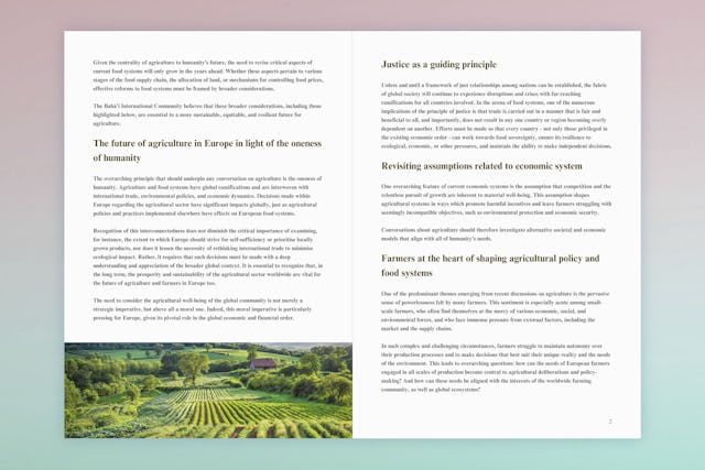 The newly released statement by the Brussels Office of the Bahá’í International Community explores how spiritual principles—such as oneness, justice, and the harmony of science and religion—can be applied to building sustainable food systems.
