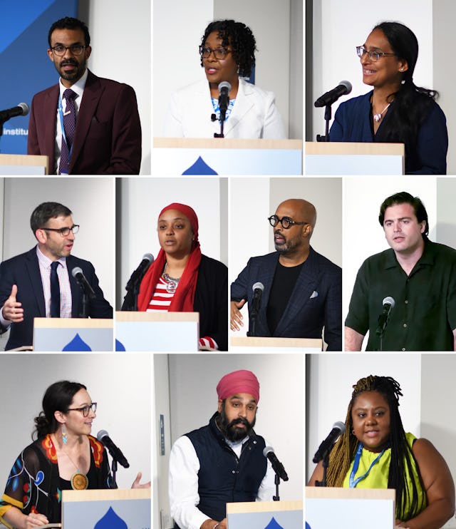 Speakers at the launch event, top row, left to right: PJ Andrews, member of the US Bahá'í Office of Public Affairs; Audrey Price, Deputy Director of the Religion and Society Program and co-editor of the volume; Selvi Adaikkalam Zabihi, member of the Office of Public Affairs and co-editor of the volume; middle row, left to right: Josh Good, Executive Director of the Religion and Society Program; Rahmah Abdulaleem, Chief Executive Officer of Soulful Muslims; Rev. Dr. Frederick D. Haynes III, Senior Pastor of Friendship-West Baptist Church Dallas; James Samimi Farr, writer; bottom row, left to right: Kaitlin Curtice, author and poet; Simran Jeet Singh, Director of the Religion and Society Program; and Nicole Pressley, Organizing Strategy Director of Unitarian Universalist Association.