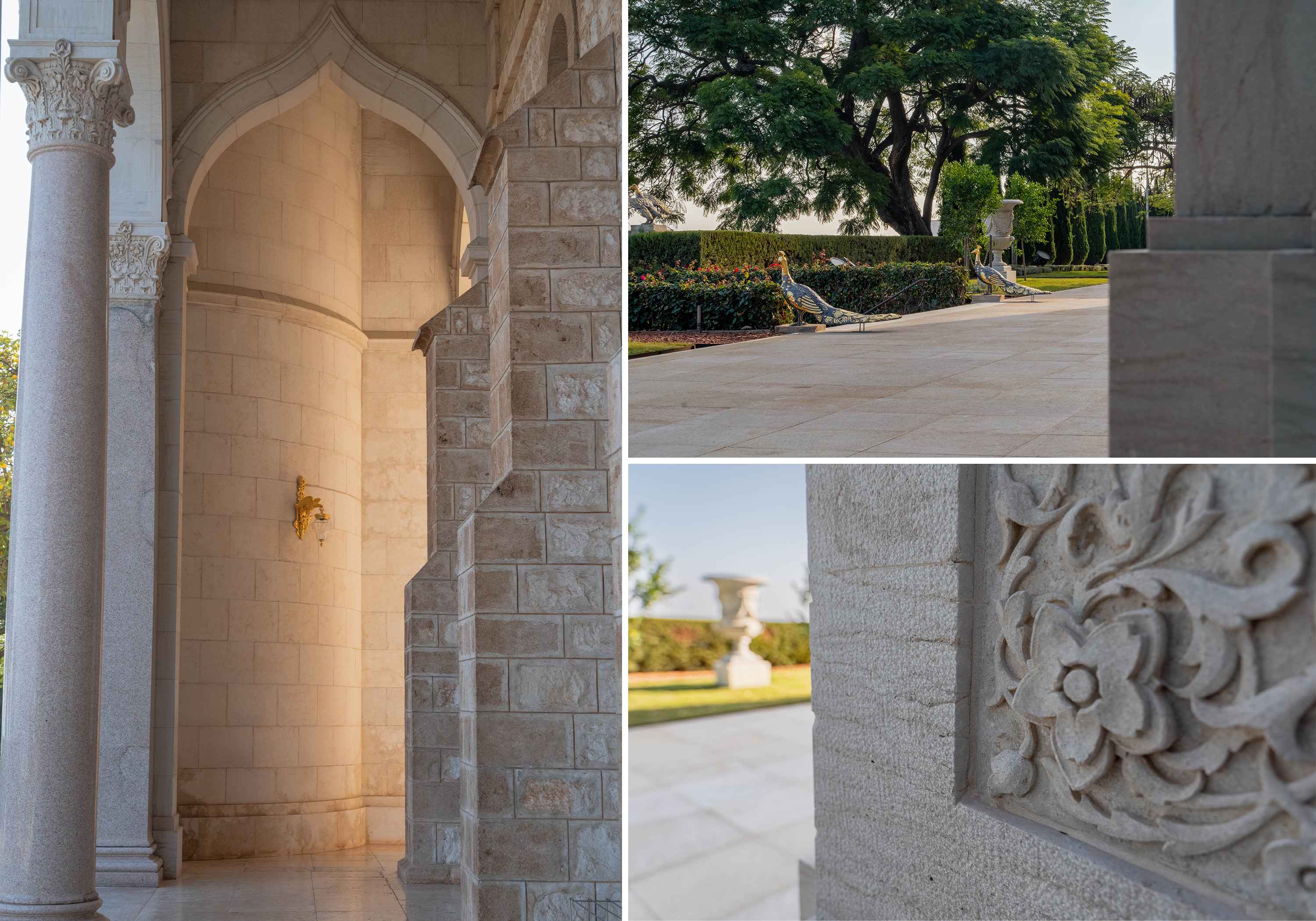 These views show a portion of the colonnade (left), the plaza (right-top), and an ornamental feature of the superstructure of the Shrine (right-bottom).