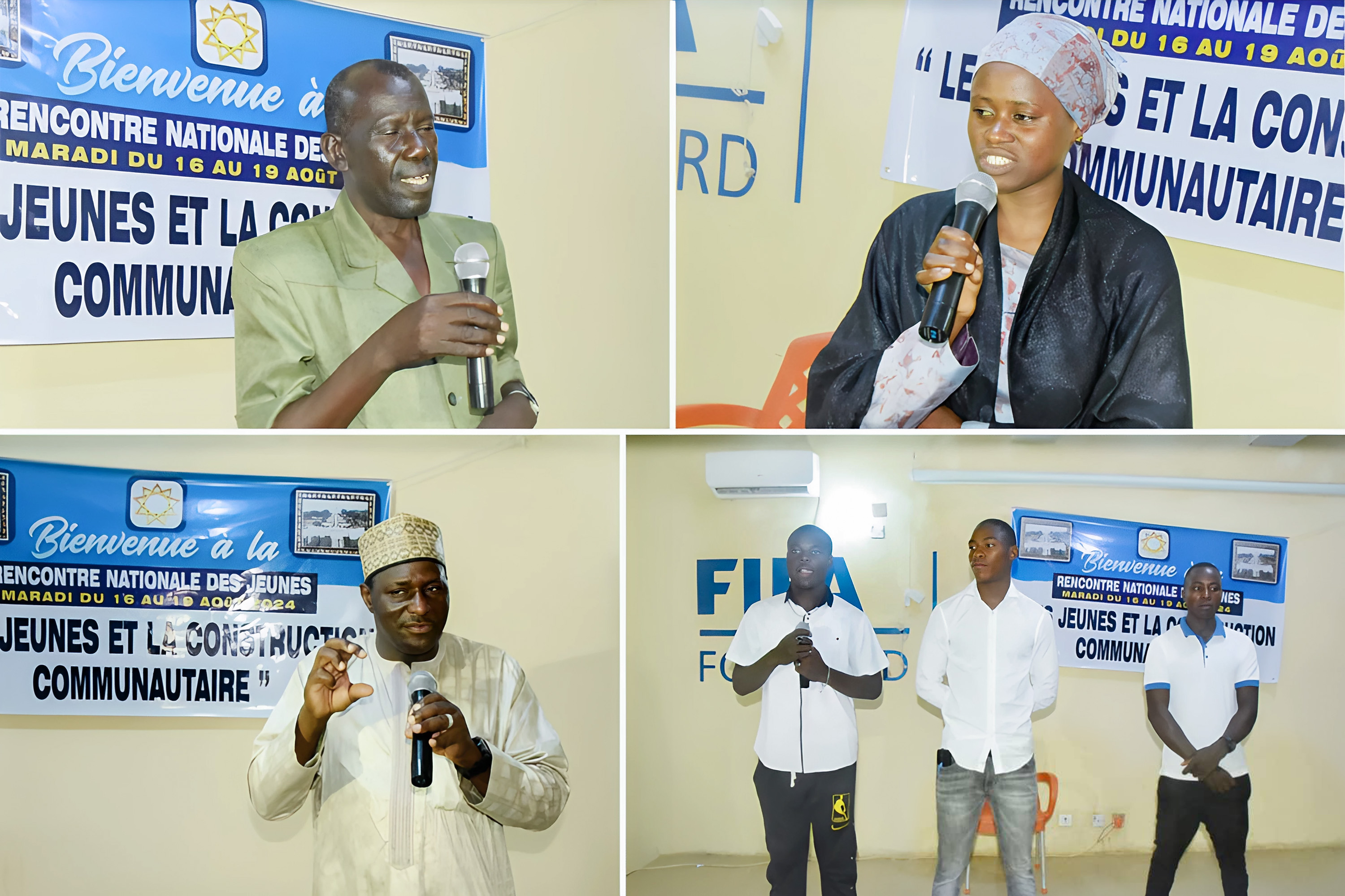 View of speakers at the conference, Hamissou Chaway (top-left), member of the Bahá’í National Spiritual Assembly of Niger; Manira Abdoulaye (top-right), facilitator of Bahá’í moral and spiritual educational programs for youth; Mati Issoufou (bottom-left), member of the Board of Counsellors in Africa; Badi, Ismael, Koandjoi (bottom-right) youth participants at the conference.