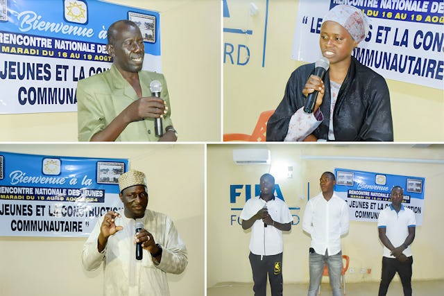 View of speakers at the conference, Hamissou Chaway (top-left), member of the Bahá’í National Spiritual Assembly of Niger; Manira Abdoulaye (top-right), facilitator of Bahá’í moral and spiritual educational programs for youth; Mati Issoufou (bottom-left), member of the Board of Counsellors in Africa; Badi, Ismael, Koandjoi (bottom-right) youth participants at the conference.