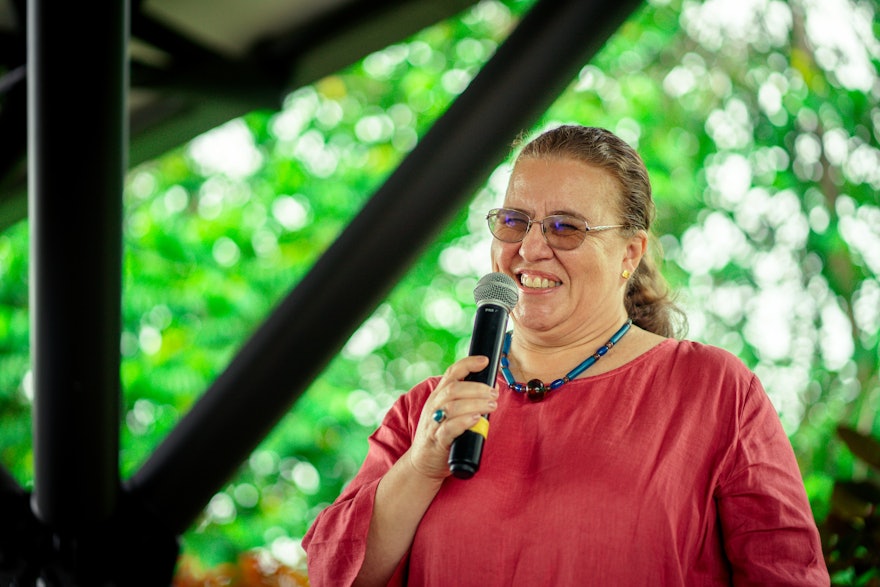 Ximena Osorio, a member of the Bahá’í Office of External Affairs of Colombia, speaking at the gathering.
