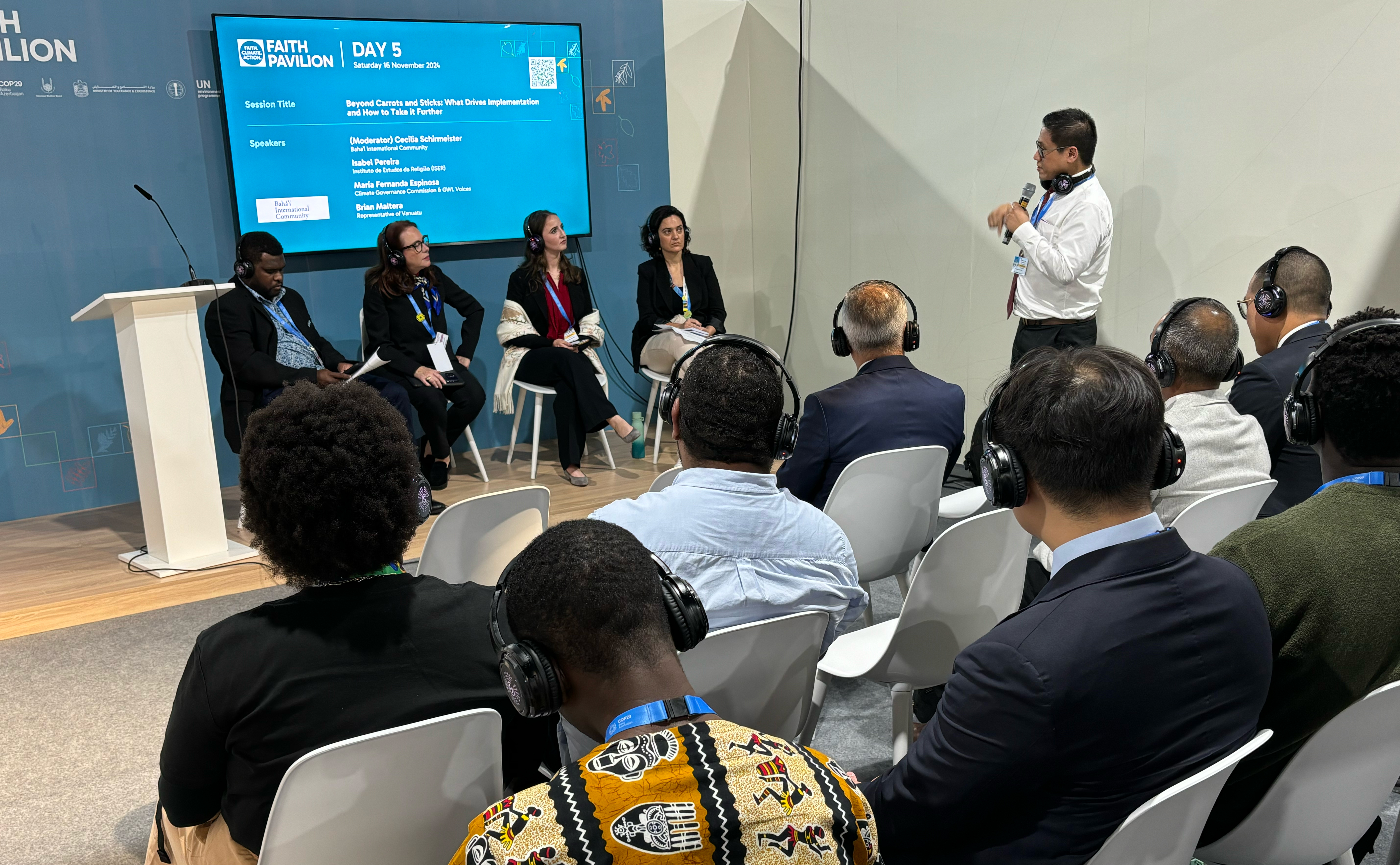 Speakers at a BIC event at the Faith Pavilion of COP29, left to right: Brian Maltera, Representative of Vanuatu, María Fernanda Espinosa, former president of the UN General Assembly; Cecilia Schirmeister, a BIC representative from the New York Office; Isabel Pereira, from the Institute of Religion Studies.