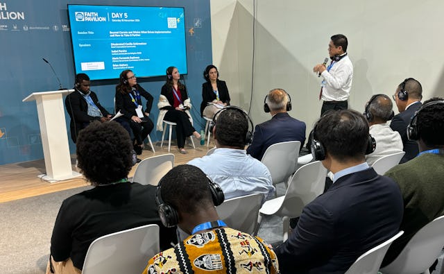 Speakers at a BIC event at the Faith Pavilion of COP29, left to right: Brian Maltera, Representative of Vanuatu, María Fernanda Espinosa, former president of the UN General Assembly; Cecilia Schirmeister, a BIC representative from the New York Office; Isabel Pereira, from the Institute of Religion Studies.