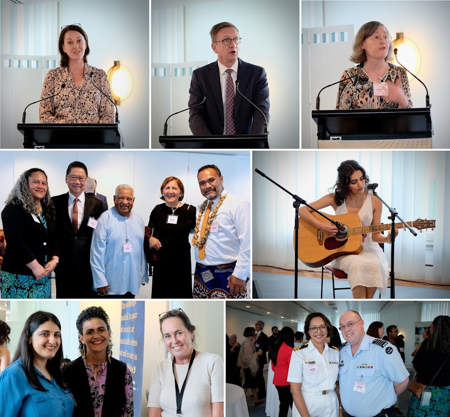 Speakers at the Parliamentary Reception in Australia, top row, from left to right: Sophie Scamps, MP; the Hon Julian Hill; Natalie Mobini-Kesheh, Secretary of the National Spiritual Assembly of the Bahá’ís of Australia. The program included songs performed by participants in Bahá’í community-building initiatives. Over the past several years, the Australia Bahá’í Office of External Affairs has been contributing to a discourse on social cohesion. As part of this ongoing effort, the Office released a publication titled “Creating an Inclusive Narrative.”