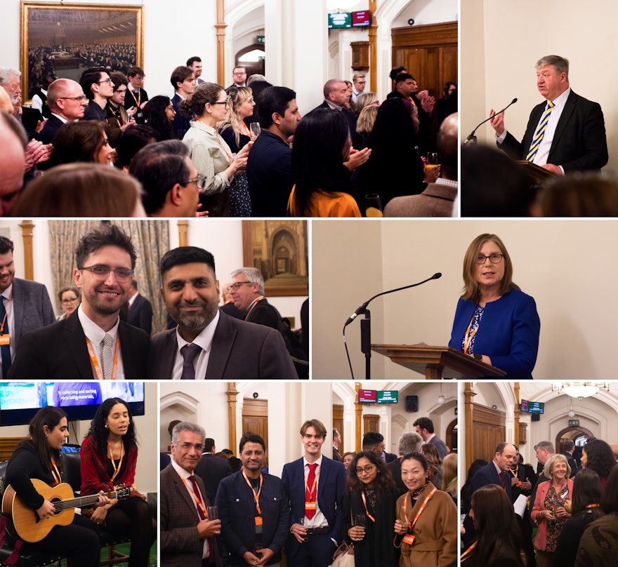 Participants at the reception in the Churchill Room of the UK House of Commons, including the Rt Hon Alistair Carmichael (top row, right), MP; Lord Khan of Burnley (middle row, left image, right), Minister for Faith; and Shirin Fozdar-Foroudi (middle row, right), member of the National Spiritual Assembly of the Bahá’ís of the United Kingdom. The program included discussion of efforts of Bahá’í communities throughout the UK on contributing to social progress and insights from efforts of the Bahá’í Office of Public Affairs to contribute to discourses related to societal harmony.