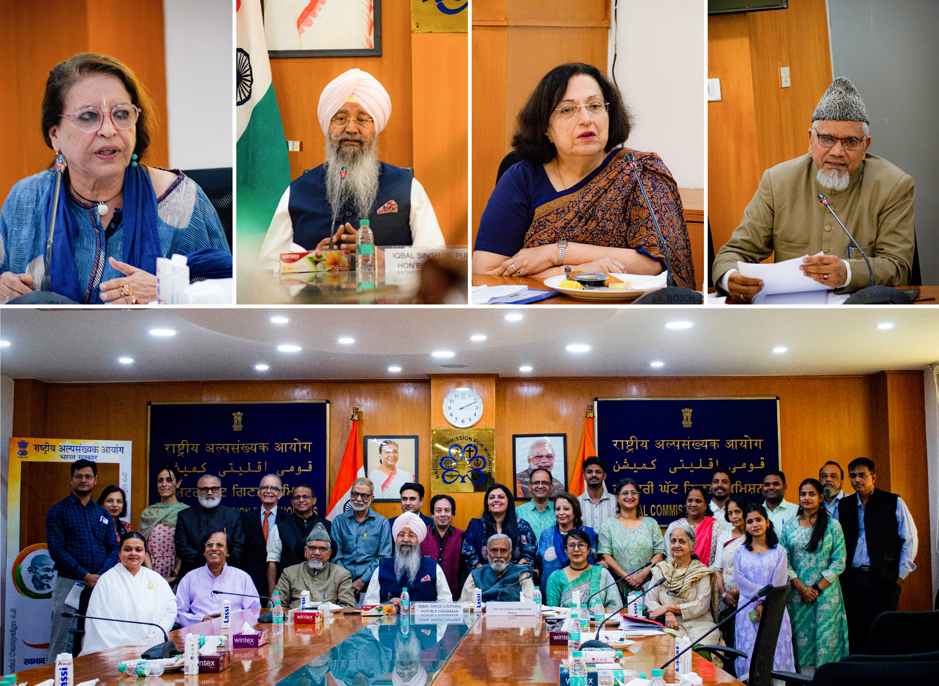 در هند، گردهمایی‌ای که توسط دفتر روابط عمومی بهائیان این کشور و با همکاری کمیسیون ملی اقلیت‌ها برگزار شد، مقامات دولتی و نمایندگان جوامع مذهبی متنوع را گرد هم آورد تا نقش دین در پیشرفت اجتماعی را بررسی کنند. در تصویر بالا، برخی از شرکت‌کنندگان در این نشست دیده می‌شوند: ردیف بالا، از چپ به راست، مادهو کانا، استاد ادیان هندی؛ اقبال سینگ لالپورا، رئیس کمیسیون ملی اقلیت‌ها در دولت هند؛ شرناز کاما، نمایندهٔ جامعهٔ زرتشتیان پارسی؛ و سلیم انجینر، معاون رئیس جماعت اسلامی هند.