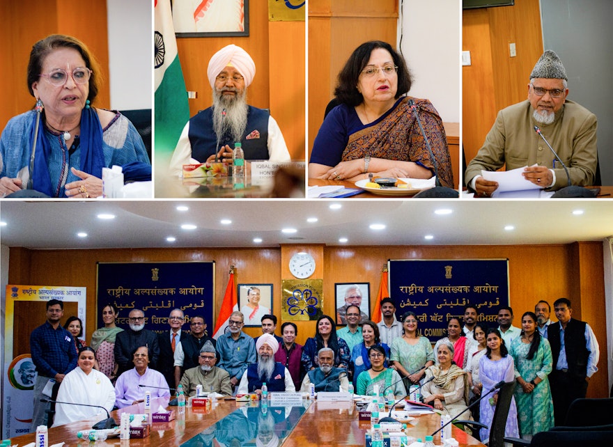 In India, a gathering organized by that country’s Bahá’í Office of Public Affairs, in collaboration with the National Commission for Minorities, brought together officials and representatives of diverse faith communities to explore the part that religion can play in contributing to societal progress. Seen above are some of the attendees of the forum. Top, left to right: Madhu Khanna, Professor of Indic Religion; Iqbal Singh Lalpura, Chairman of the National Commission for Minorities, Government of India; Shernaz Cama, representative of the Parsi Zoroastrian community; and Salim Engineer, Vice-President of Jamaat-e-Islami Hind.