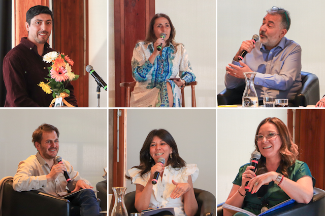 Speakers at the launch event, top row, from left to right: Allan Aravena, Director of the Bahá’í Office of External Affairs; Mónica Mártinez (moderator), Organizational and Strategic Planning Consultant; Daniel Duhart, a member of the Board of Counsellors in the Americas. Bottom row, from left to right: Germán Díaz, academic and Representative of the UN High Commissioner for Refugees; Carolina Rudnick, President of NGO Fundación Libera; Mónica Jedres, family court judge.