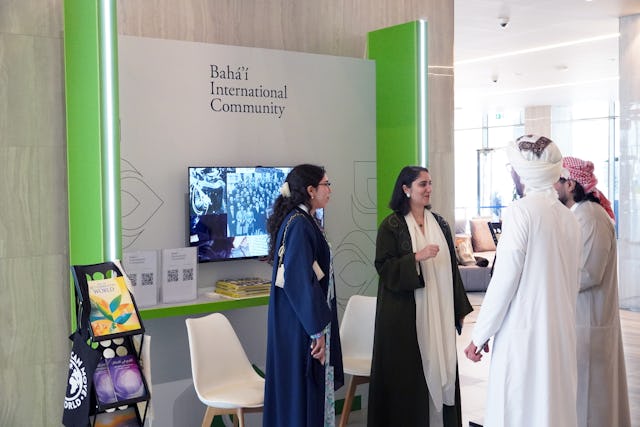 The booth of the Bahá’í International Community enabled participants to explore the contributions of the Bahá’í community to social progress over several decades.