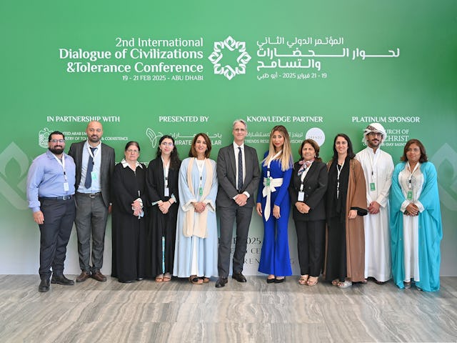 Members of the Bahá’í International Community’s delegation to the conference, representatives of the Bahá’í community of the United Arab Emirates, and a Senior Officer from the Emirates Scholar Center for Research and Studies (fifth from right).