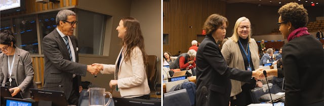 Left image: Cecilia Schirmeister, BIC representative, with H.E. Omar Hilale, Ambassador of Morocco to the UN. Right image: Liliane Nkunzimana, another BIC representative.