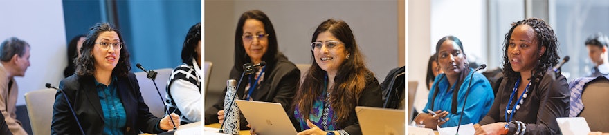 The BIC co-hosted an event with Barbra Schlifer Commemorative Clinic and Inter Pares titled Women, Poverty and Progress.  Left to right: Andrea Salguero, Bahá’í Office of Public Affairs of Canada;    Deepa Mattoo, Executive Director of the Barbra Schlifer Commemorative Legal Clinic; and Fernande Abanda from Interpares Canada.