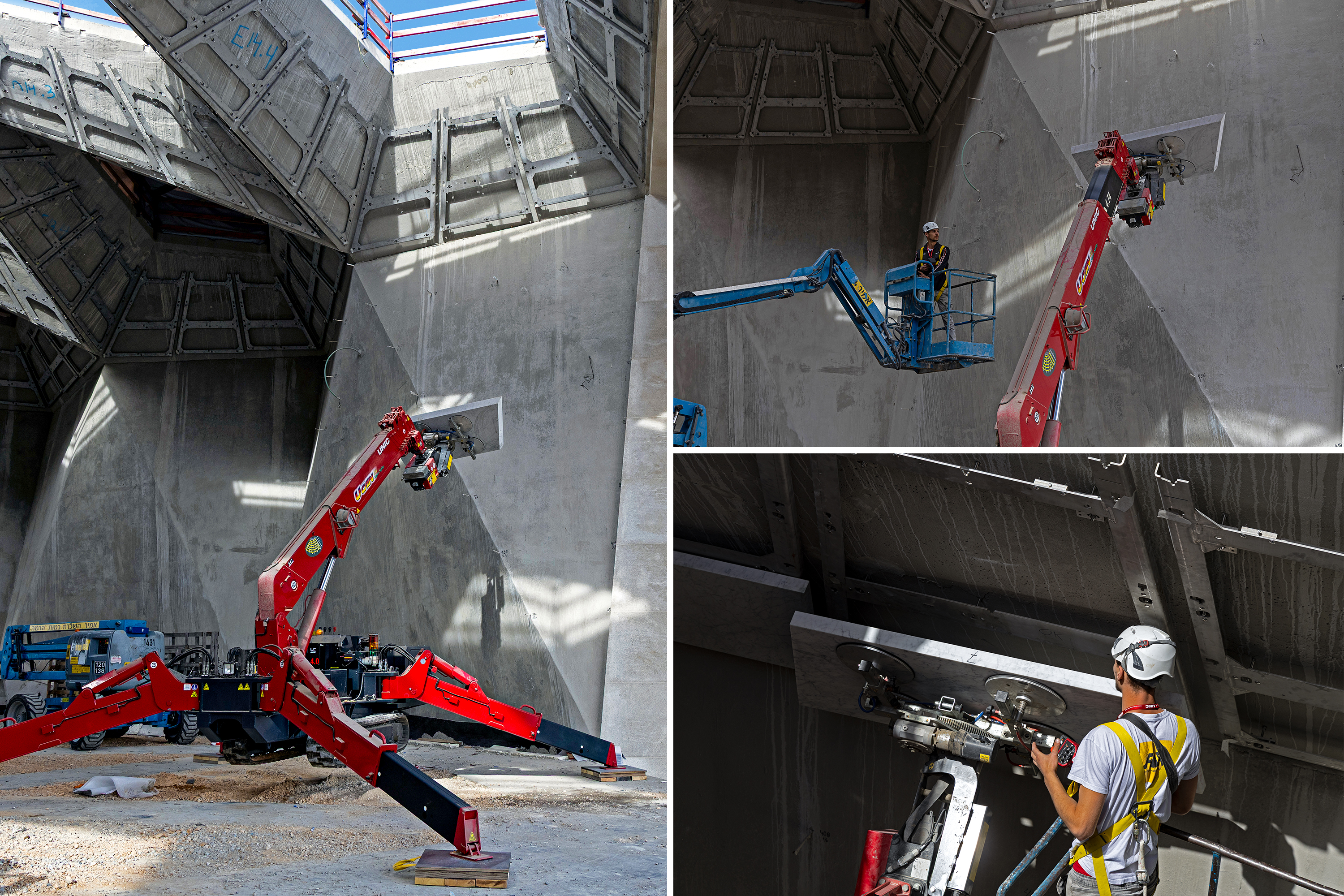A spider crane raises a marble piece to another location.