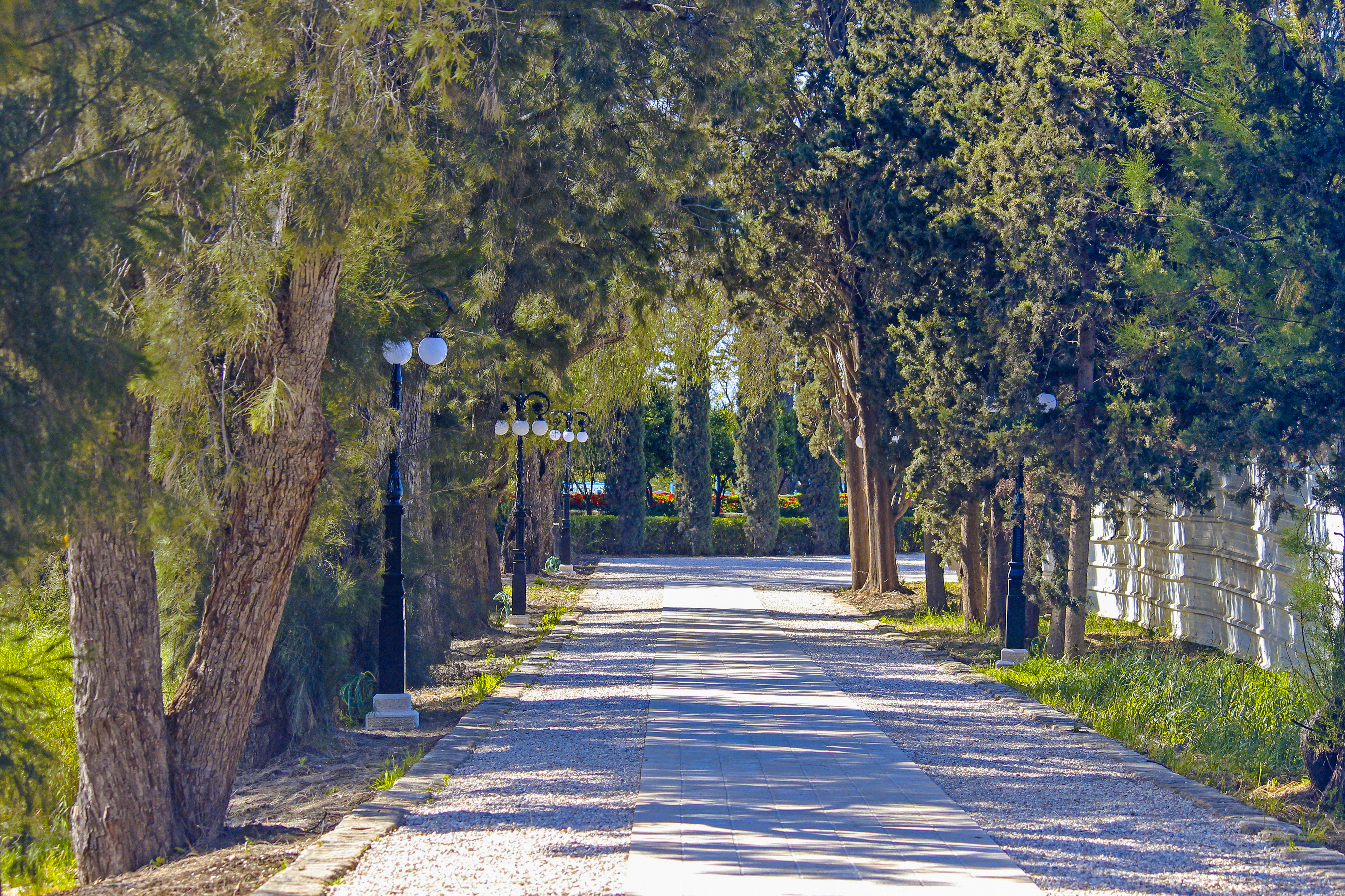 The completed historic path with lamp posts.