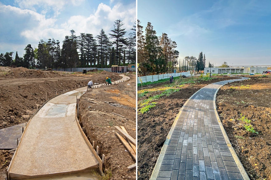 Construction of the winding path using paving stone.