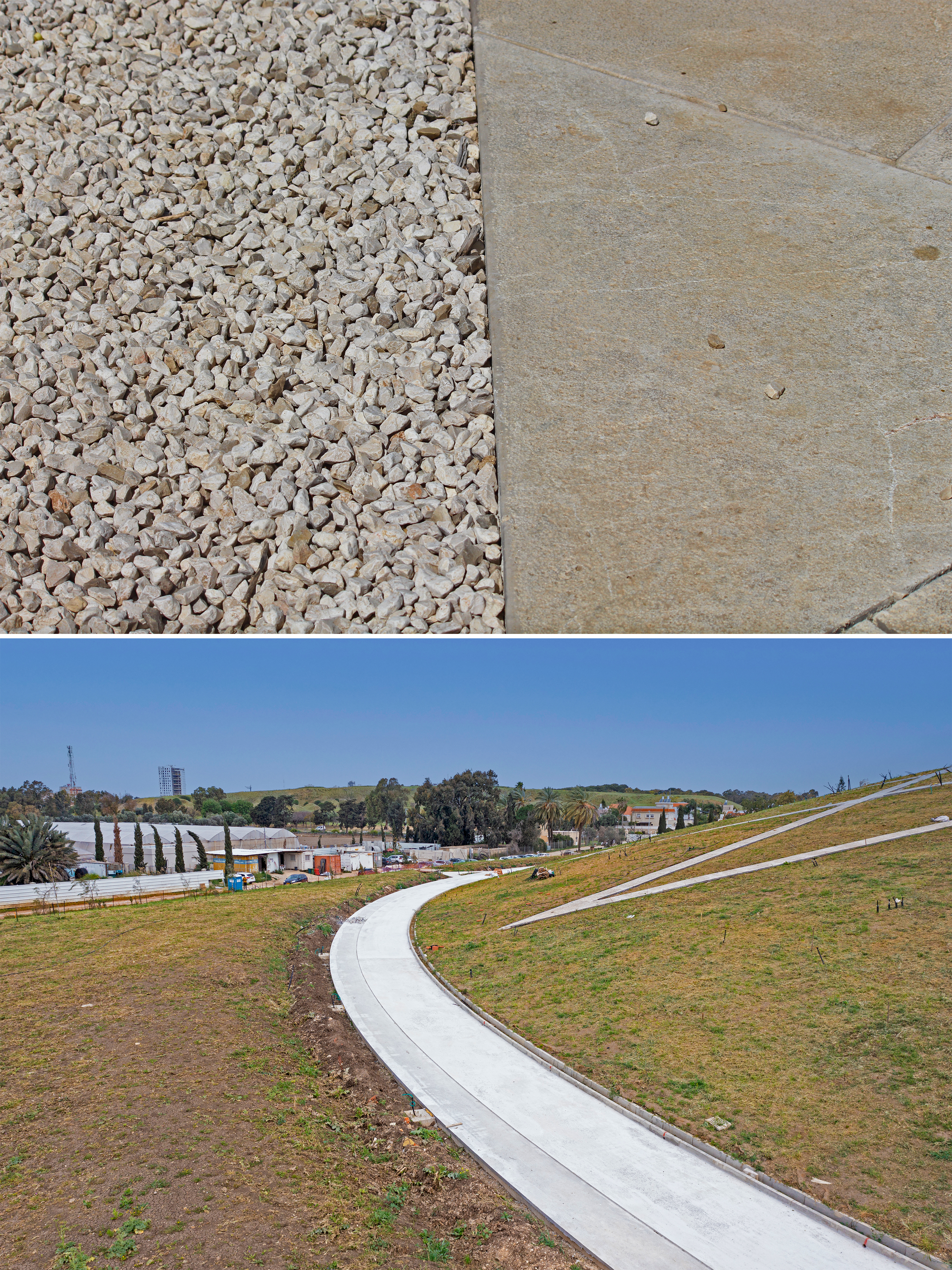 Top image: mock-up of the final look designed for the surface of the circular path, with pebbles on one side and a flat stone surface for accessibility on the other side.