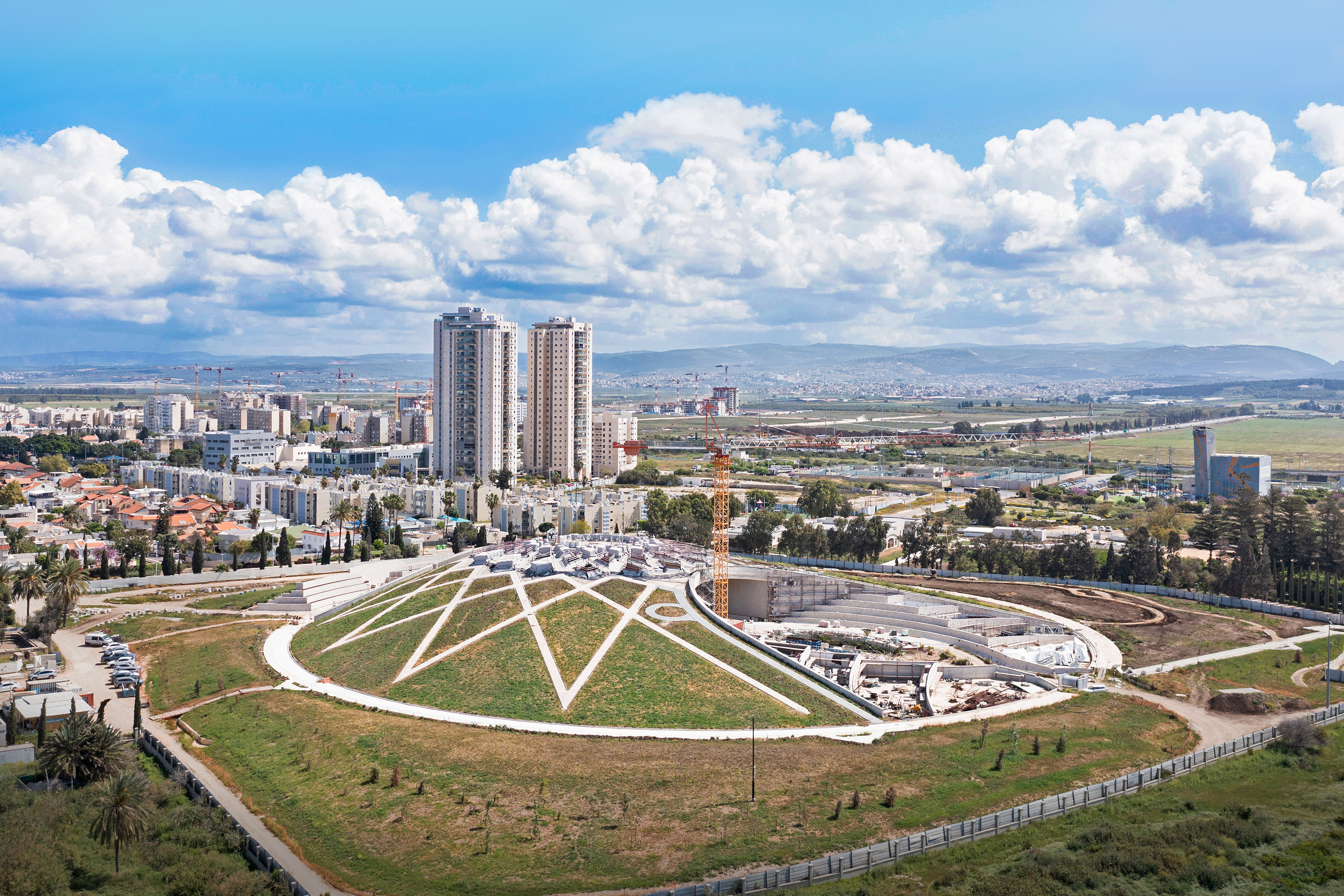 Aerial view of the construction of the Shrine of ‘Abdu’l-Bahá from the south-west.